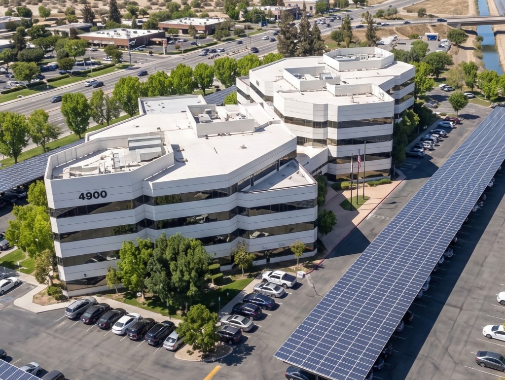 Aerial view of Cal Twin Towers and covered solar parking